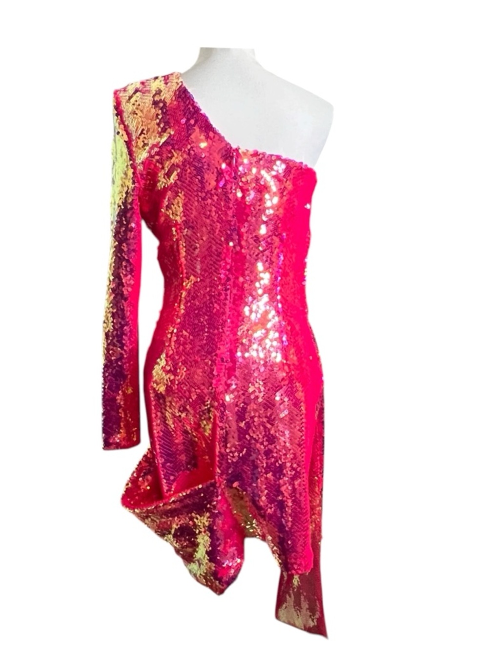Nadine‎ Merabi NWT Celina Dress Women’s Large Hot Pink Sequin One Shoulder Gala - Picture 5 of 9